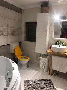 a bathroom with a yellow toilet and a sink at Casa Cu Lavandă in Valea Drăganului