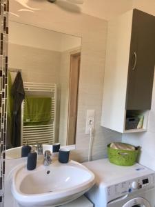 a bathroom with a sink and a washing machine at ZEN Apartman Sunshine in Zamárdi