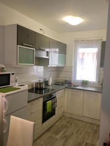 uma cozinha com um lavatório e um fogão forno superior em ZEN Apartman Sunshine em Zamárdi