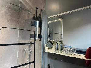 ein Badezimmer mit einem Spiegel und einigen Gläsern auf einem Regal in der Unterkunft Cozy Boutique hotel-Guesthouse Leuven -self check in in Löwen + 34 Fotos