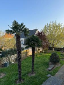 two palm trees in a yard in front of a house at Cocon urbain avec jardin - appartement proche hôpital in Angers