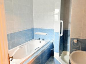 a blue tiled bathroom with a tub and a toilet at Tanronnen Inn in Beddgelert +16 photos
