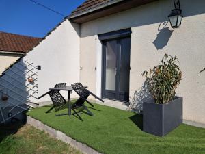a patio with two chairs and a table and a plant at Gîte Du Côté de Chez Souesmes in Souesmes
