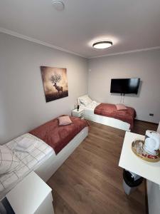 a bedroom with two beds and a flat screen tv at Eclipse grill and pizza in Corunca