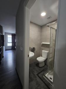 a bathroom with a toilet and a sink and a shower at Hostel Catedral Burgos in Burgos +27 photos