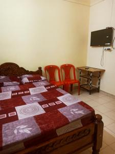 a bedroom with a bed and two chairs and a television at skyparking Golden cottage in Salem +7 photos