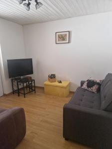 a living room with a couch and a flat screen tv at Gîte des chardreaux in Marval
