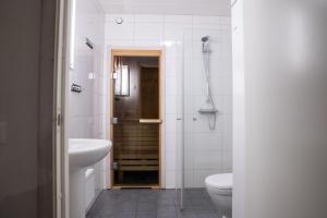a bathroom with a sink and a toilet at Hovfjällstoppens Stugby in Överbyn