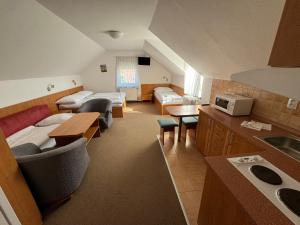 a room with a kitchen and a living room at Pension Euro in Mikulov +46 photos