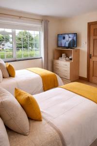 a hotel room with two beds and a television at Jordan's Drum Haven B&B, Knock in Knock +64 photos