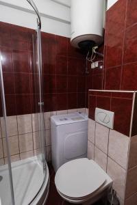 a bathroom with a toilet and a sink and a shower at LénApartman - Holiday in Pécs