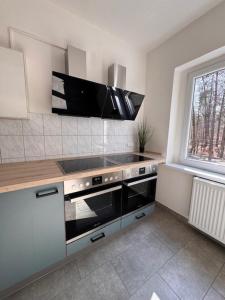 a kitchen with a sink and a stove top oven at A2rooms in Lehnin