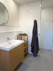 a bathroom with a sink and a mirror at Backhuus 3 in Fehmarn +42 photos