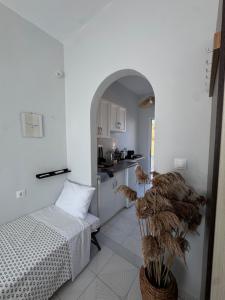 a bedroom with a bed and a potted plant at Thalassa apartments in Marathias +29 photos