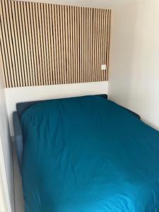 a bed in a room with a blue pillow at Appartement en Luberon in Pertuis