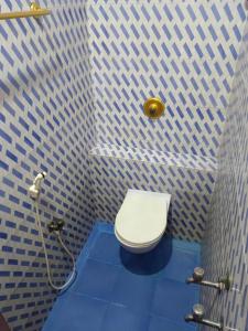 a bathroom with a toilet in a blue and white wall at Vasan villa 2BHK in Pondicherry
