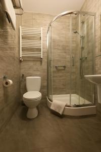 a bathroom with a shower and a toilet and a sink at Hotel Anka in Słubice +22 photos