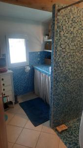 a bathroom with a shower with a blue tiled wall at Chambre "Là Maison Haute" in Faucon +5 photos