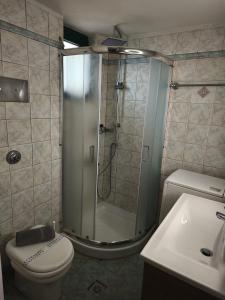 a bathroom with a shower and a toilet and a sink at Marmari megali ammos oasis studio's in Ayía Marína