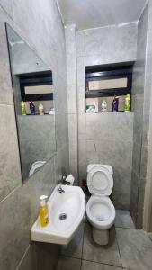 a bathroom with a white toilet and a sink at nook in Ongata Rongai 