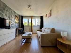 a living room with a couch and a tv at Cosy studio centre-ville & RER A in Saint-Germain-en-Laye