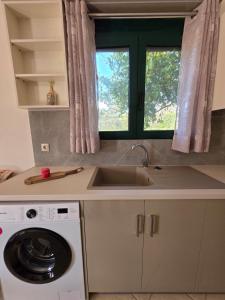a kitchen with a sink and a washing machine at Christos Sunhaven Apartment in Agia Ermioni +28 photos