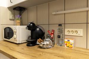 a kitchen counter with a microwave on a counter top at Schiller Apartment - Old Town in Sibiu +15 photos