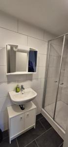 a bathroom with a sink and a shower at Ferien- & Monteurwohnung Stößen in Stößen +16 photos