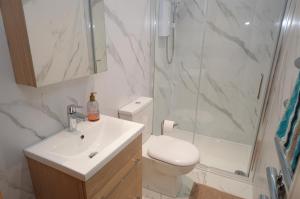 a bathroom with a toilet and a shower and a sink at Kames View Apartment in Tighnabruaich +14 photos