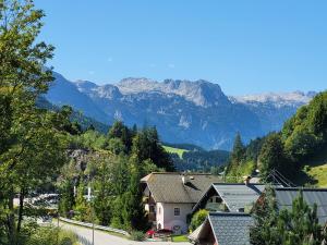 a view of a village with mountains in the background at Landhaus Schwaighofer Dachstein West in Russbach am Pass Gschütt +82 photos