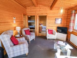 a living room with chairs and a television in a cabin at Primrose Lodge in Evesham