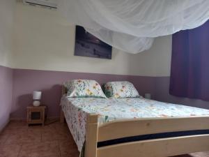 a small bedroom with a bed with a canopy at Appartement spacieux étage maison avec jardin à Ste Anne in Sainte-Anne