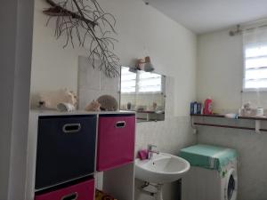 a small bathroom with a sink and a pink cabinet at Appartement spacieux étage maison avec jardin à Ste Anne in Sainte-Anne +13 photos