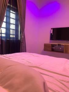 a bedroom with a white bed and a tv at Ehi-Mega Luxury Hotel and Apartment in Abuja +1 photo