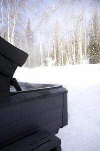 a piano in the snow with trees in the background at Whole House Aurora View with Hot tub, Sauna and AC in Fairbanks