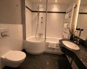 a bathroom with a toilet and a shower and a sink at Gut Dyckhof in Meerbusch +13 photos