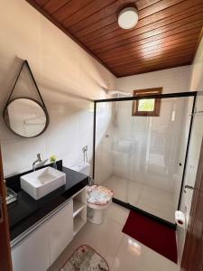 a bathroom with a shower and a sink and a toilet at Chalé Beijinho in Venda Nova do Imigrante +25 photos