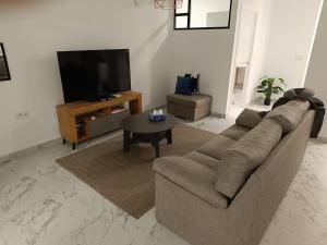 a living room with a couch and a tv at Sylvia Apartman in La Mata