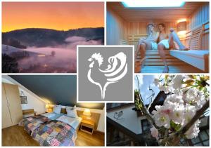 a collage of pictures of a hotel room with a rooster at Goldener Hahn Ferienwohnungen Pool, Sauna & Frühstücksservice in Baiersbronn