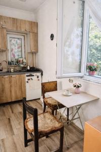 a kitchen with a table and a table and chairs at Private Guest Room with Garden Access in Skopje