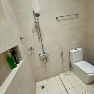 a bathroom with a shower with a toilet and a sink at منزل الوادي in Fujairah +19 photos