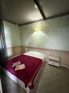 a small bedroom with a bed with a red blanket at Nlife hotel in Kapchagay +14 photos