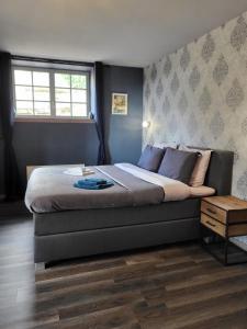 a bedroom with a large bed with a window at Chambre d'hôtes l'Heure Bleue in Saint-Alvère