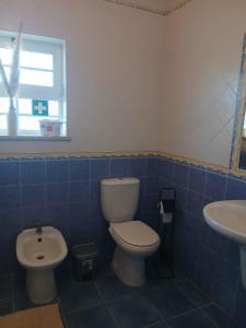 a blue tiled bathroom with a toilet and a sink at Casa FIGUEIRAS in Bensafrim +18 photos