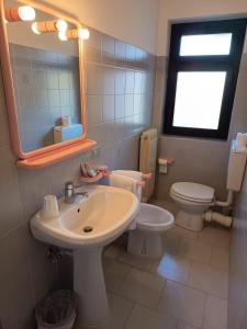 a bathroom with a sink and a toilet and a mirror at Albergo Bellavista in Re
