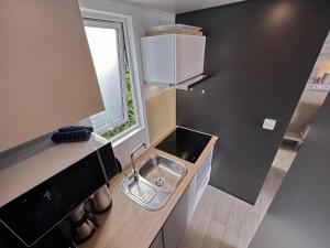 a small kitchen with a sink and a window at Feriendorf Seeblick - Tiny Nr 11 in Neunburg vorm Wald