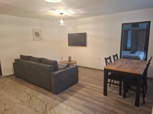 a living room with a couch and a table at Jinn's Valley Apartment in Grižane