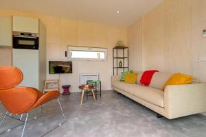 a living room with a couch and a tv at De Lepelaar - Ecohuisjes Terschelling in Midsland +17 photos
