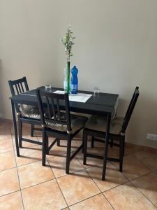 a black table with two chairs and a vase with flowers at Dimora Stadio Biella in Biella +5 photos