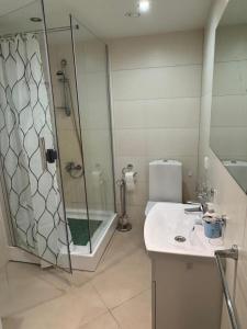 a bathroom with a shower and a sink at Vabaduse tn 72 in Narva-Jõesuu